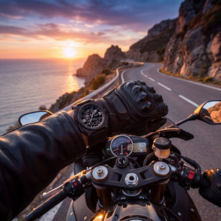 A close-up of a black leather motorcycle glove wearing a revolution black chronograph wristwatch, with the handlebars of a motorcycle in the foreground and a winding coastal road at sunset.