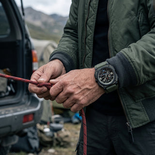 A close-up lifestyle shot of a man wearing a rugged olive green tactical watch while tying a red rope near an open vehicle trunk in an outdoor mountain setting.