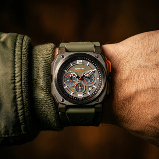 Revolution AeroChron aviation watch green on wrist REVO47-CHR01-GY-GNR