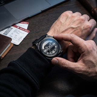Square dual time zones watch on wrist REVO47-AD01-BK