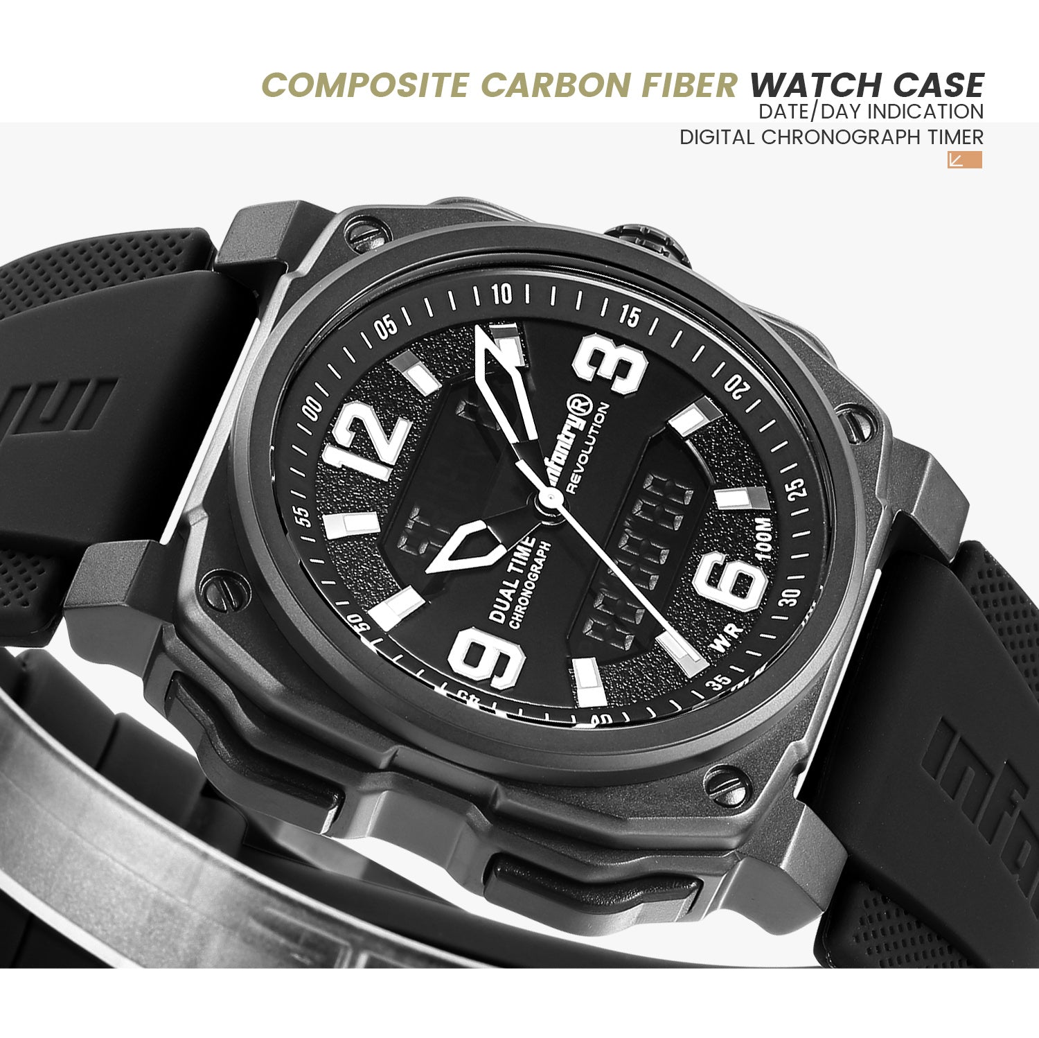 REVOLUTION The Dual Timer 42mm Black Mens Military Watch Infantry®