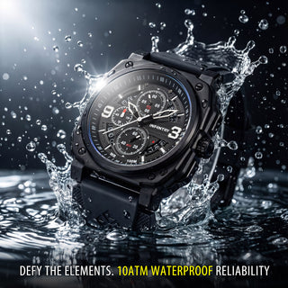 A rugged black waterproof chronograph watch with a black strap, shown splashing through water with a dramatic splash and lens flare. The watch face features white, red details, and the brand name 'INFANTRY' is visible on the dial.