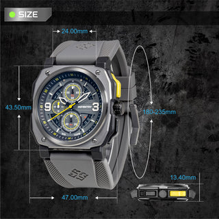 A black and dark gray military-style wristwatch with a textured strap and multi-dial face, shown with overlaid dimension lines and measurements on a dark grungy background.