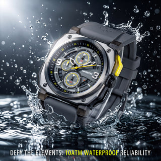 A rugged black waterproof chronograph watch with a black strap, shown splashing through water with a dramatic splash and lens flare. The watch face features white, red details, and the brand name 'INFANTRY' is visible on the dial.